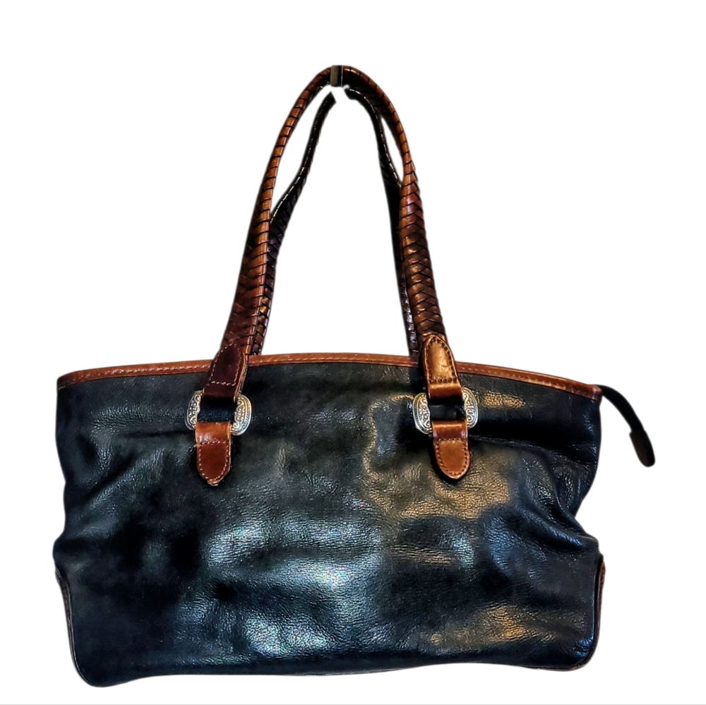 Fossil Classic Black Leather Tote with Brown Trim